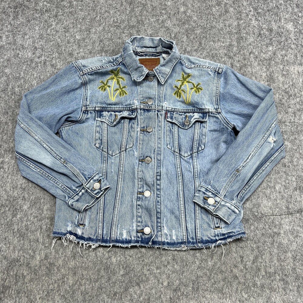 Levis Strauss Jacket Womens Small Denim Distressed Raw Hem Palm Tree Embroidered